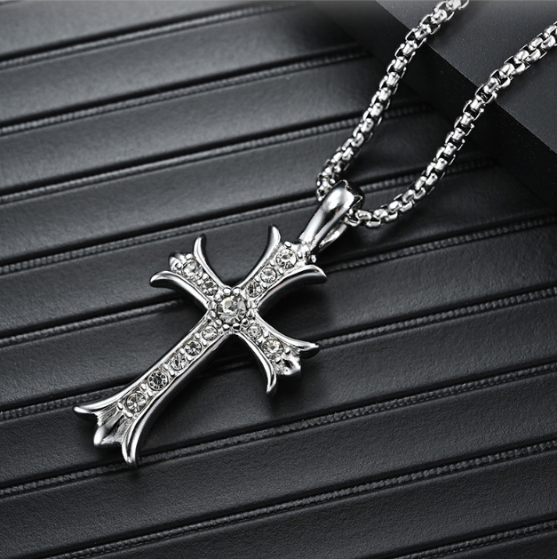 Rockyu メンズ 十字架ネックレス シルバー チタン製 ジルコニア クロスペンダント アレルギー対応