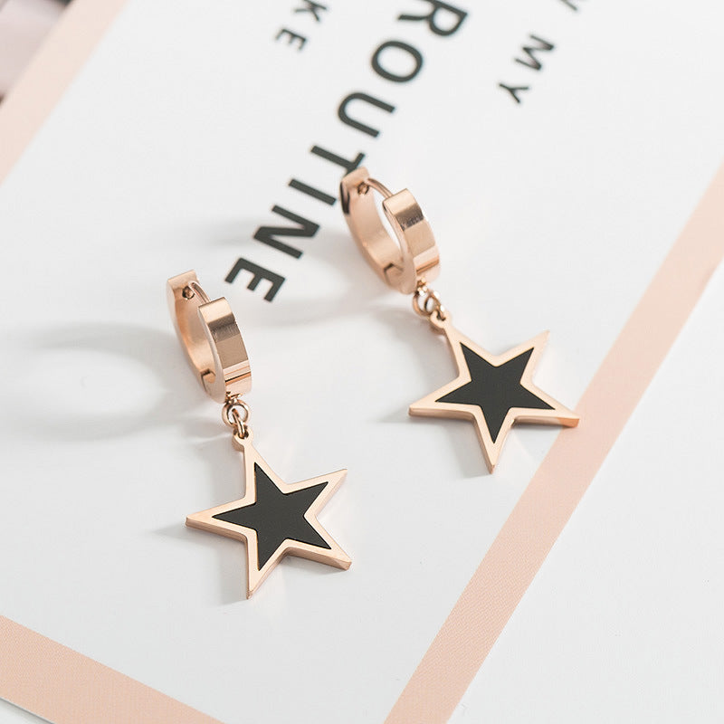 Rockyu フープピアス レディース 星モチーフ ブラック×ピンクゴールド 18K仕上げ チタン製