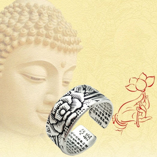 Rockyu 蓮モチーフリング メンズ レディース フリーサイズ 仏教経文刻印 シルバーメッキ