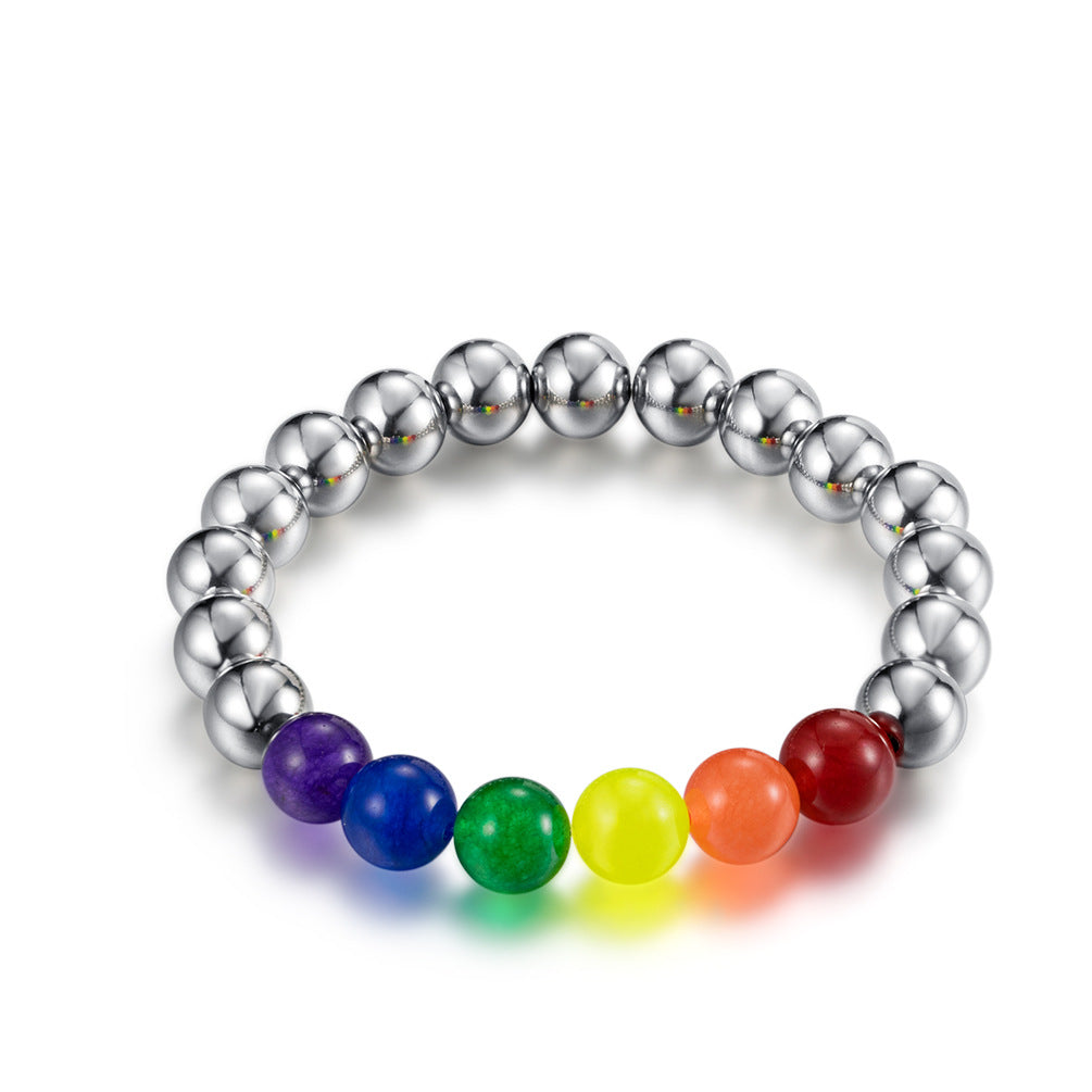 Rockyu ブレスレット メンズ ステンレス マルチカラー 虹ビーズ 金属アレルギー対応 数珠スタイル
