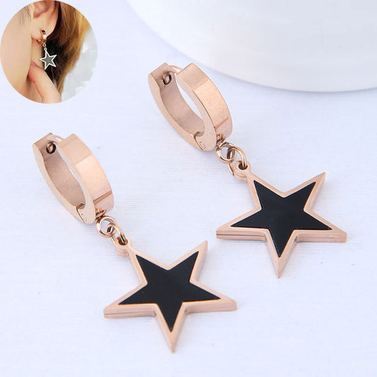 Rockyu フープピアス レディース 星モチーフ ブラック×ピンクゴールド 18K仕上げ チタン製