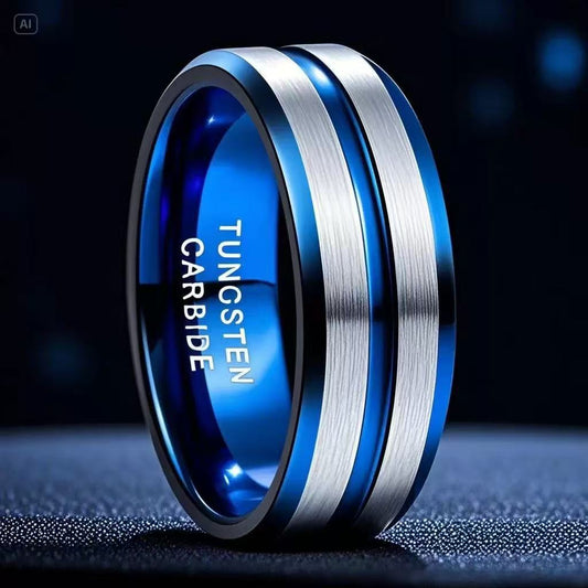 Rockyu タングステンリング メンズ レディース兼用 8mm 幅広 ブルー×シルバー マット仕上げ