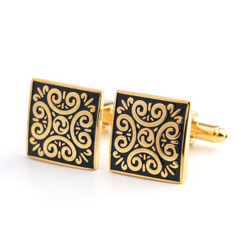 Rockyu カフスボタン メンズ 正方形 花模様 シルバー ゴールド ブラック 和風 アンティーク調