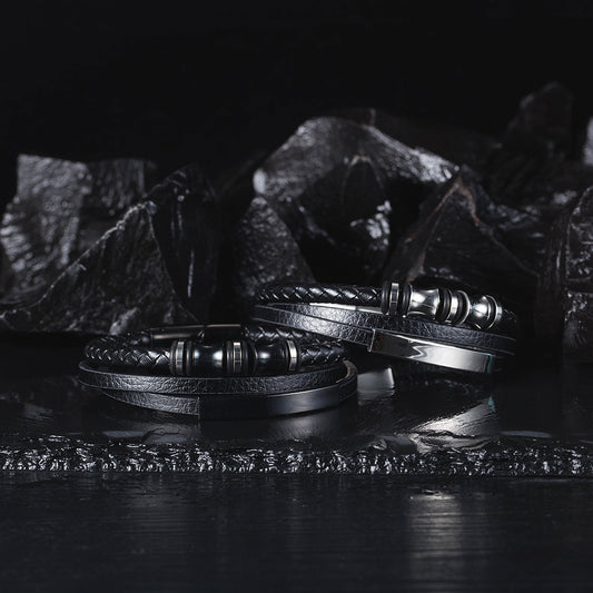Rockyu メンズ三層レザーブレスレット ブラック ステンレス 編込みチェーン バングル