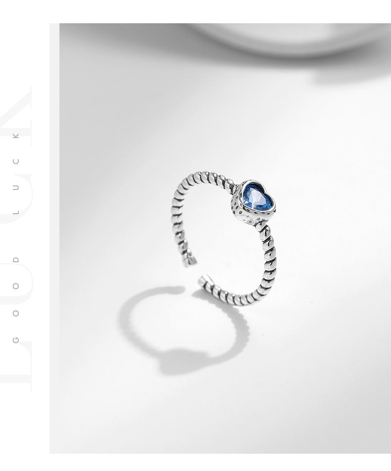 Rockyu リング レディース 925シルバー ハート&ドロップ型 ブルーストーン 開口式