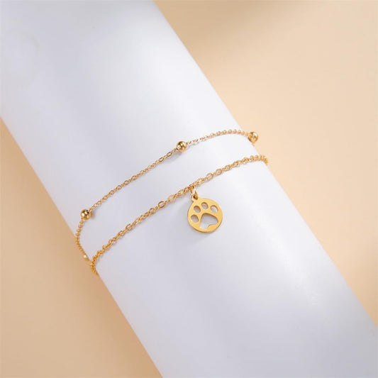 Rockyu 猫の肉球チャーム アンクレット|ゴールド二連チェーンで魅せる足元