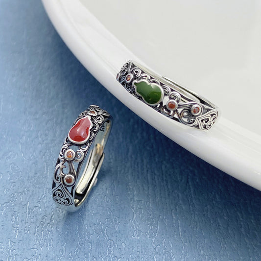 Rockyu ペアリング シルバー925 瓢箪モチーフ 唐草透かし彫りリング 赤/緑 男女兼用 フリーサイズ結婚指輪