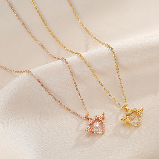 Rockyu ネックレス レディース ハート&ウィング CZ ピンクゴールド ゴールド 鎖骨チェーン