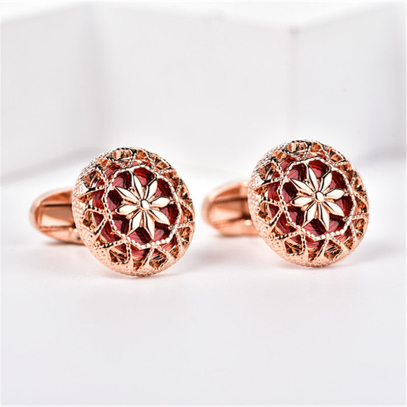 Rockyu カフス シルバーカラーバリエ 花柄透かし彫り ラウンドカフス メンズ ビジネス フォーマル ギフト