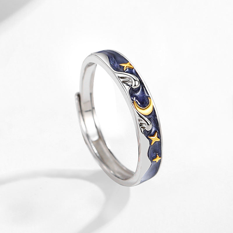 Rockyu フリーサイズリング 藍色の空に太陽と月が輝く幻想デザイン