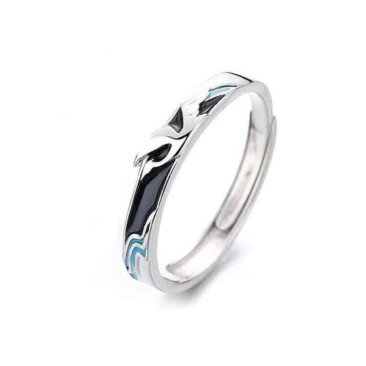Rockyu 指輪 レディース フリーサイズ シルバー925 波・月モチーフ ブルーエナメル ペアリング風デザイン