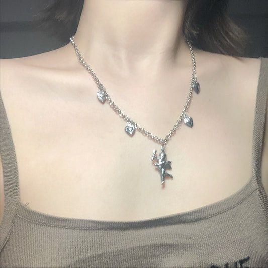 Rockyu ネックレス レディース シルバー キューピッド×ハートチャーム|天使モチーフの可愛いチタンペンダント