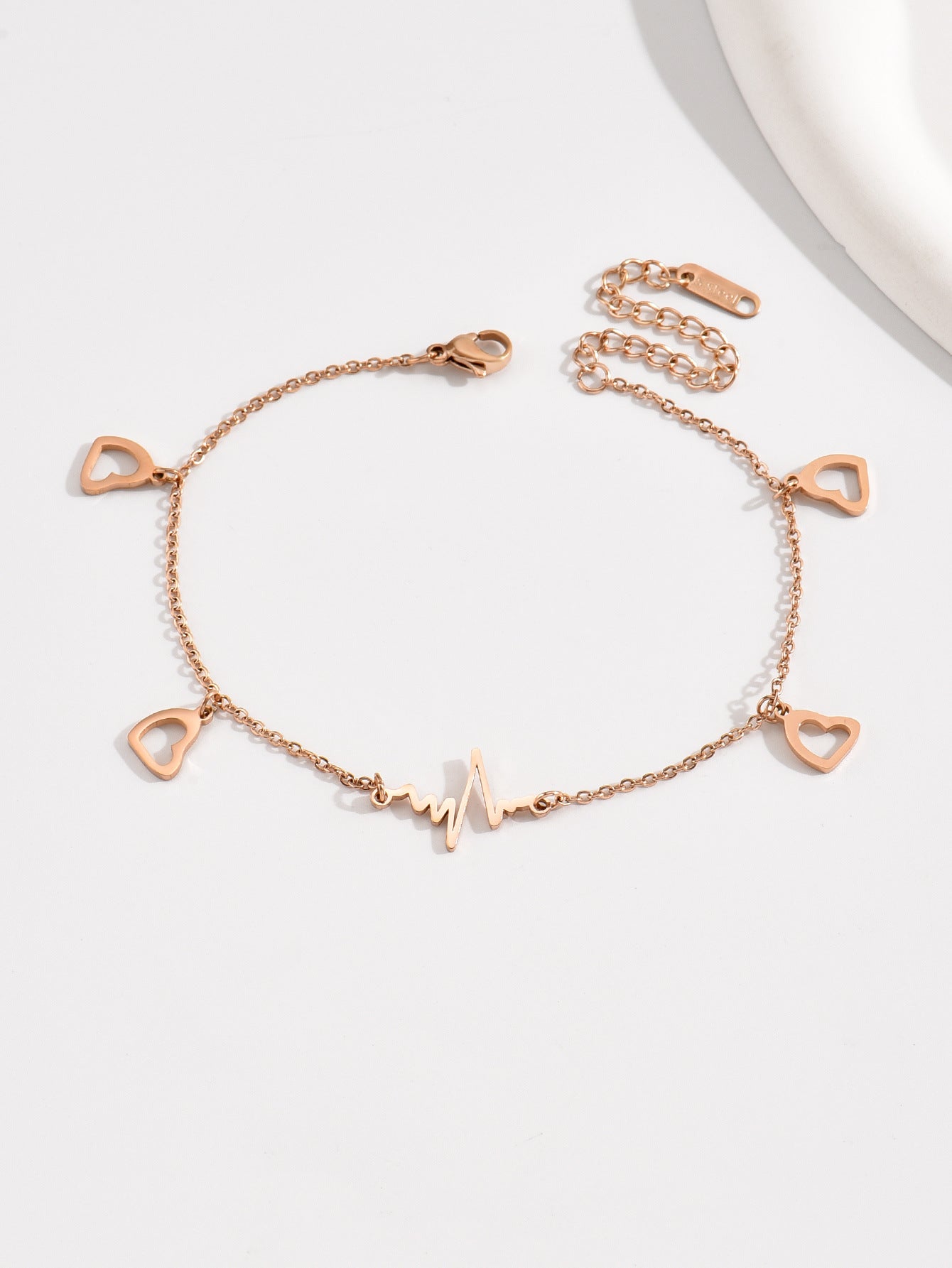 Rockyu アンクレット レディース ピンクゴールド 18K チタン 心電図 ハート 細身チェーン
