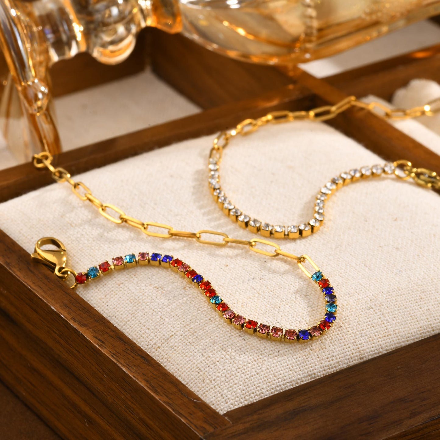 ブレスレット レディース ブランド ゴールド 小方形 正方形 ジルコニアチェーンブレスレット 心形ペンダント ステンレス 金属アレルギー対応 細い おしゃれ 恋人の日 誕生日 プレゼント