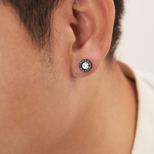 Rockyu ピアス メンズ ステンレス ブラック ローマ数字 ラウンド ジルコニア アレルギー対応