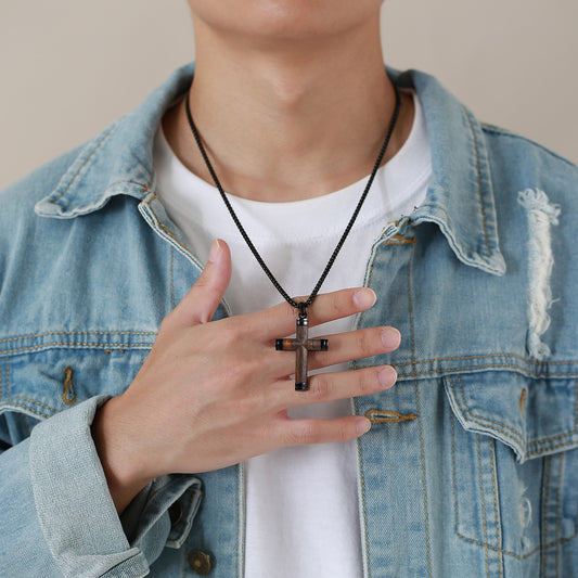 Rockyu メンズ ネックレス 十字架 シルバー&ウッド チェーン付き プレゼントに最適