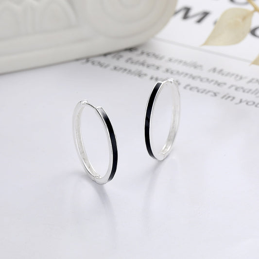 Rockyu シルバー925 ブラックエナメル フープピアス シンプル大人デザイン 男女兼用