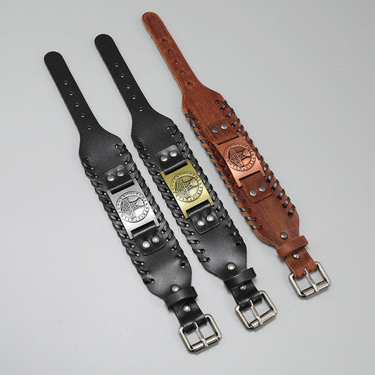 Rockyu ブレスレット メンズ レザー 幅広 ヴァイキング 雷神ハンマー記号 プレート ブラック&ブラウン