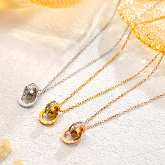 Rockyu ブレスレット レディース ピンクゴールド チタン 2連リング ローマ数字 ジルコニア