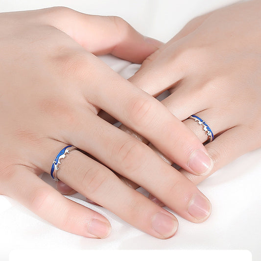 Rockyu ペアリング シルバー925 フリーサイズ 青波デザイン カップル指輪