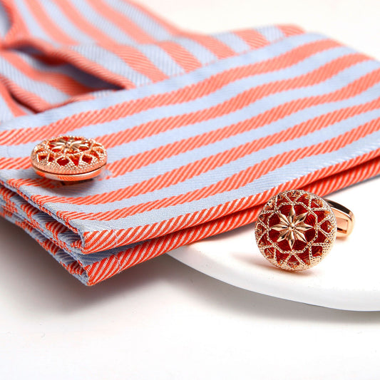 Rockyu カフス シルバーカラーバリエ 花柄透かし彫り ラウンドカフス メンズ ビジネス フォーマル ギフト