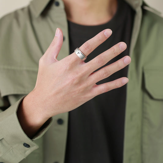 Rockyu メンズクロススピナーリング|回転する十字架デザイン ステンレス指輪