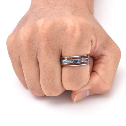 Rockyu チタン製 ウッド&シェルインレイ メンズリング 幅広デザイン 金属アレルギー対応 誕生日 記念日 ギフト