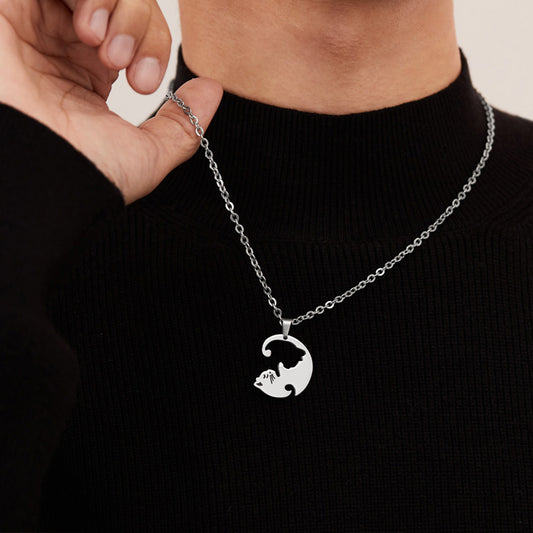Rockyu ペアネックレス 猫モチーフ シルバー&ブラック 男女兼用 ステンレス 可愛い カップルセット