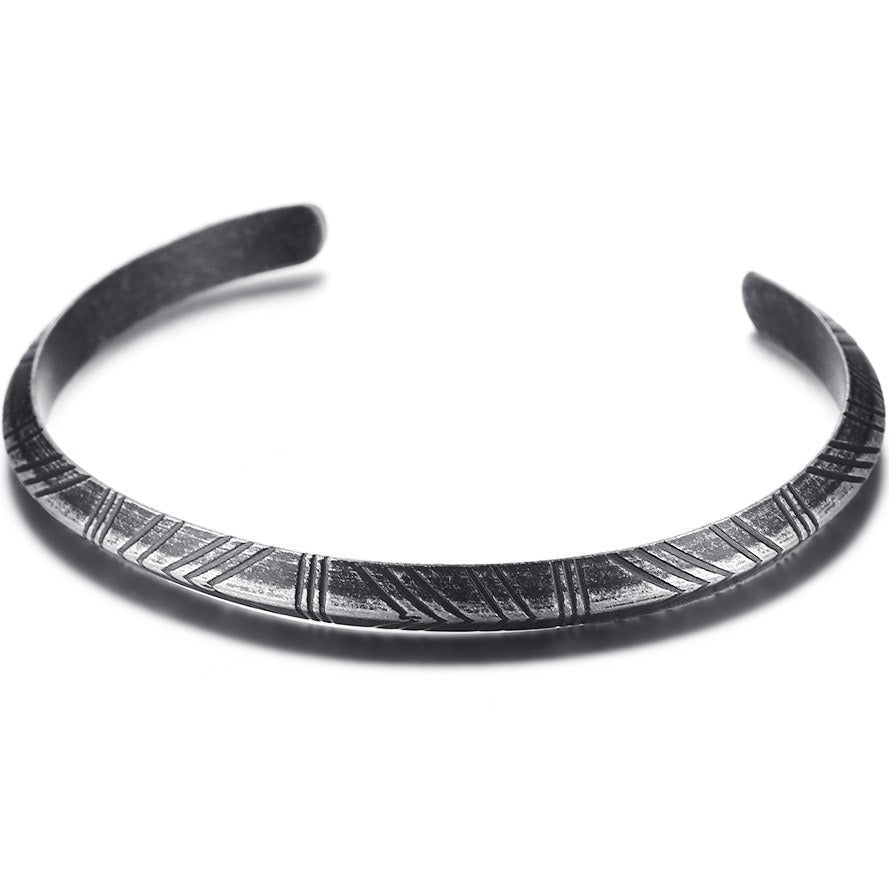 Rockyu C型ブレスレット メンズ ステンレス製 彫刻風 シルバーバングル ニューヨークスタイル