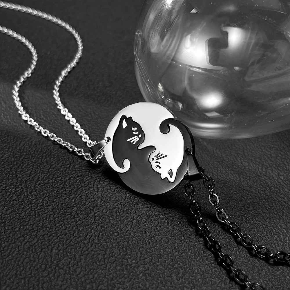 Rockyu ペアネックレス 猫モチーフ シルバー&ブラック 男女兼用 ステンレス 可愛い カップルセット