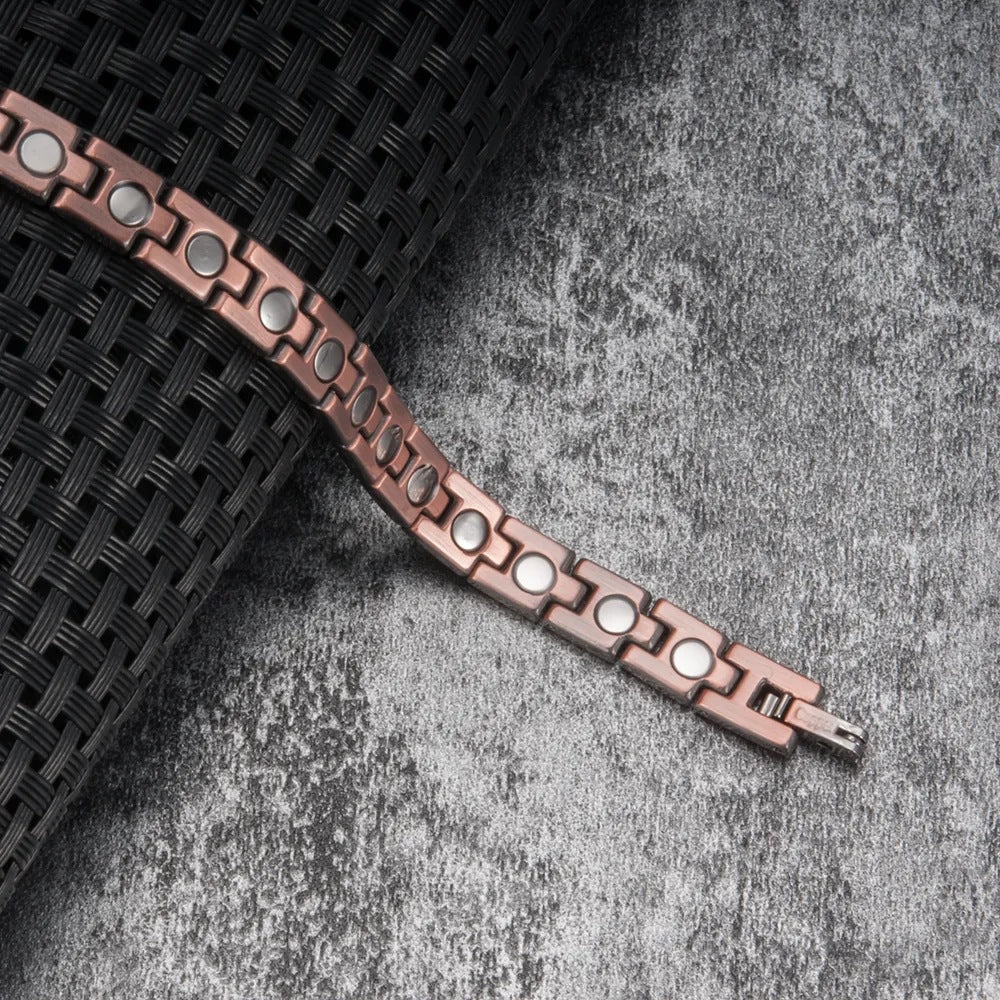 Rockyu 磁気ブレスレット メンズ ピンクゴールド 銅製 レトロブラック シンプル おしゃれ