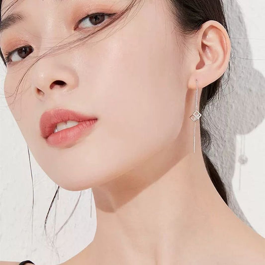 Rockyu ピアス レディース 925純銀 キューブデザイン ロングチェーンピアス 上品 大人かわいい