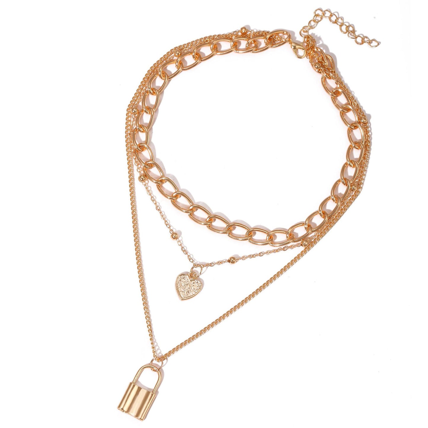 Rockyu 三連ネックレス ゴールド|ハート&南京錠チャーム付き・金属アレルギー対応