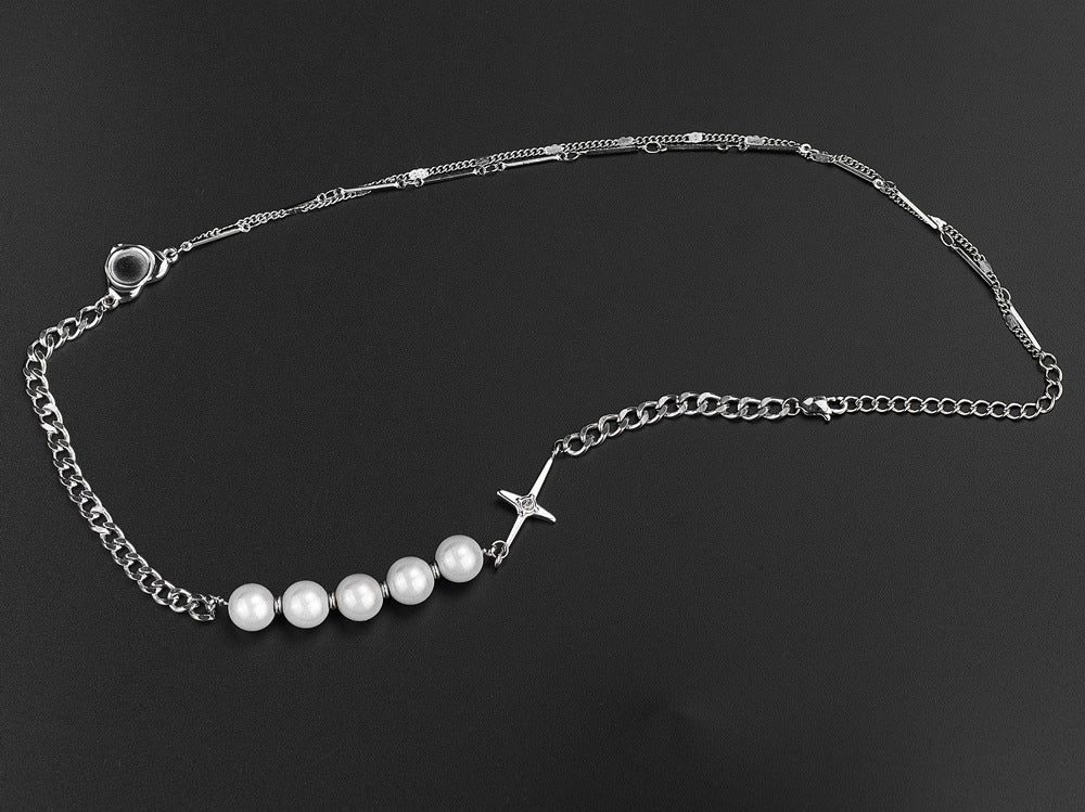 Rockyu ネックレス メンズ レディース シルバー 十字架 パールネックレス チェーン 長さ45cm+5cm チタン製 金属アレルギー対応 ヒップホップ ファッション アクセサリー