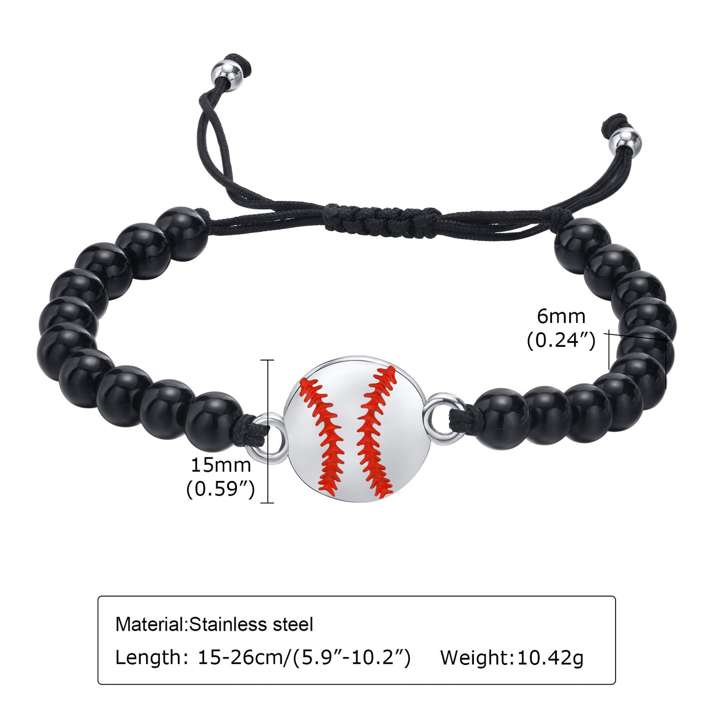 Rockyu メンズブレスレット ブラック瑪瑙 数珠 スポーツモチーフ バスケットボールデザイン 調節可能