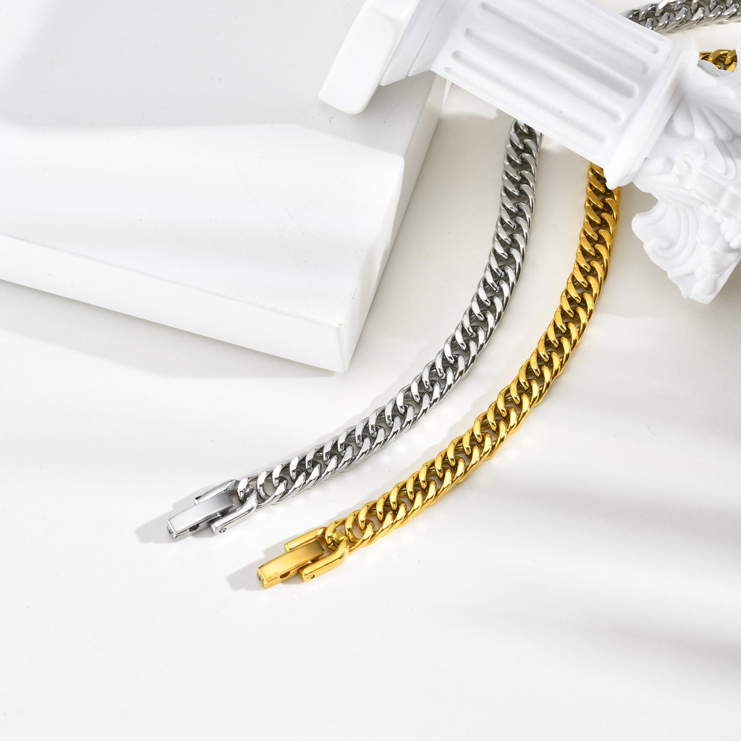 Rockyu レディース キューバンチェーンブレスレット|ステンレス製 喜平チェーン 16.5cm|ゴールド&シルバー 金属アレルギー対応