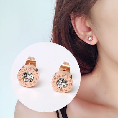 Rockyu レディースピアス ステンレス製 一粒ダイヤ&ローマ数字刻印 スタッドタイプ