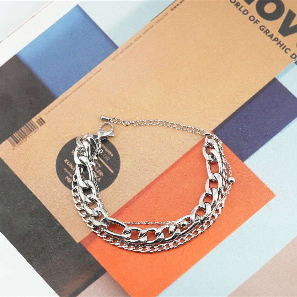 Rockyu ブレスレット レディース シルバー 三連チェーン 多層デザイン 調整可能