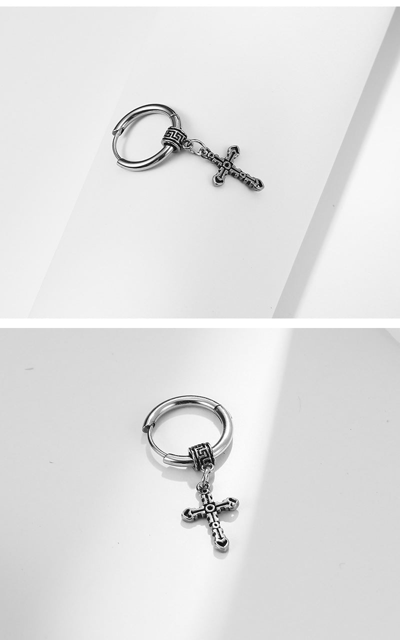 Rockyu ピアス メンズ シルバー クロス フープ 揺れる チタン製 アレルギー対応