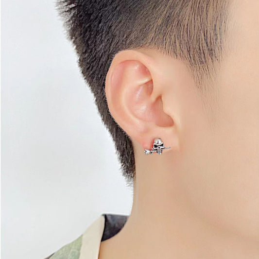 Rockyu メンズ ピアス シルバー スカルデザイン チタン製 両耳用 ファッションジュエリー