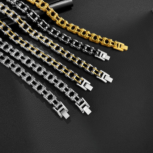 Rockyu チタンチェーンブレスレット メンズ ステンレス製 バイク風デザイン シルバー&ゴールド