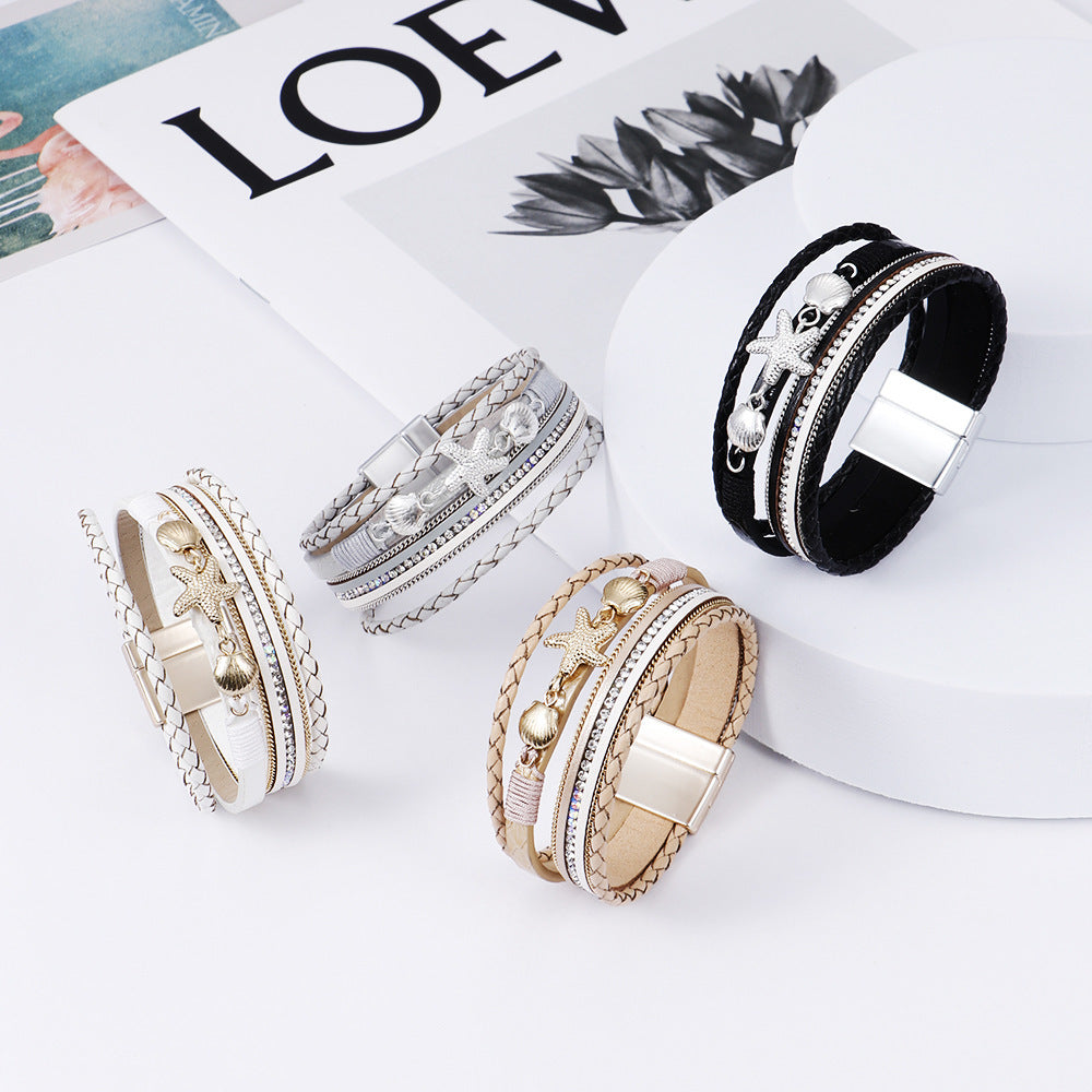 Rockyu ヒトデ&貝殻モチーフ 多連レザーブレスレット レディース 夏 ハワイアン風