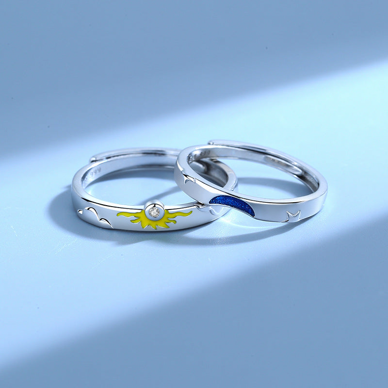 Rockyu 太陽と月のペアリング シルバー925 日月デザイン 指輪 調整可能