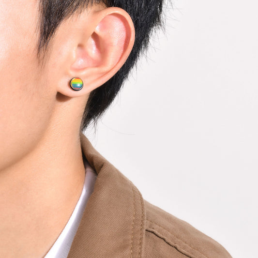 Rockyu レインボー ステンレス スタッドピアス 9mm 円形 メンズ&ユニセックス