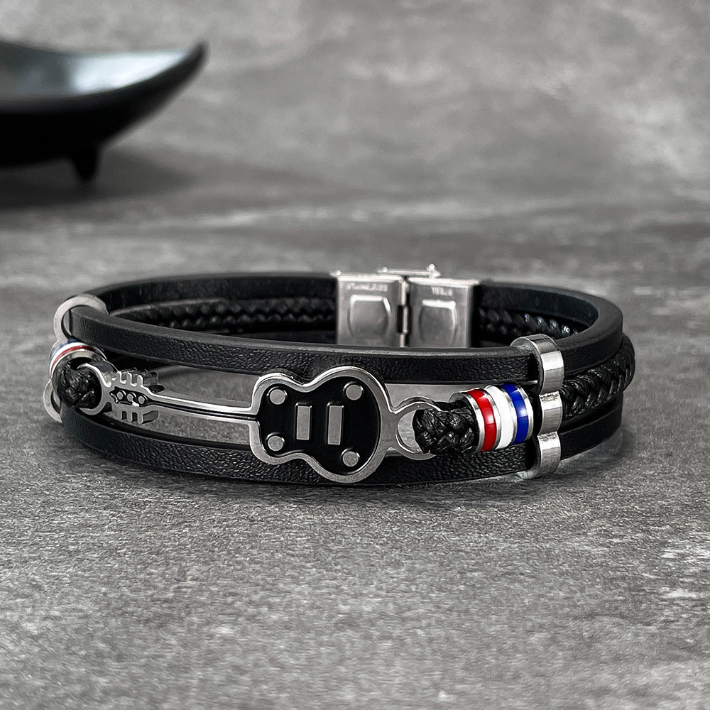 Rockyu ブレスレット メンズ 音楽モチーフ レザー バングル ギター デザイン PU革 ステンレス製 アクセサリー