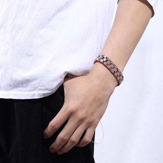 Rockyu 磁気ブレスレット メンズ トリプルロウ ピンクゴールド 銅製 シンプル カジュアル