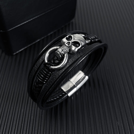 Rockyu メンズ ブレスレット レザー 黒 多重巻き 髑髏 ドクロ 編み込み バングル アクセサリー