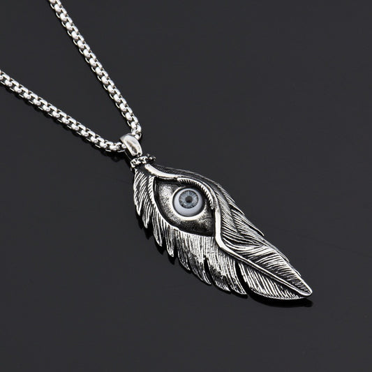 Rockyu メンズ ネックレス ペンダント 羽 根 アイモチーフ チタン ステンレス レトロ アンティーク風