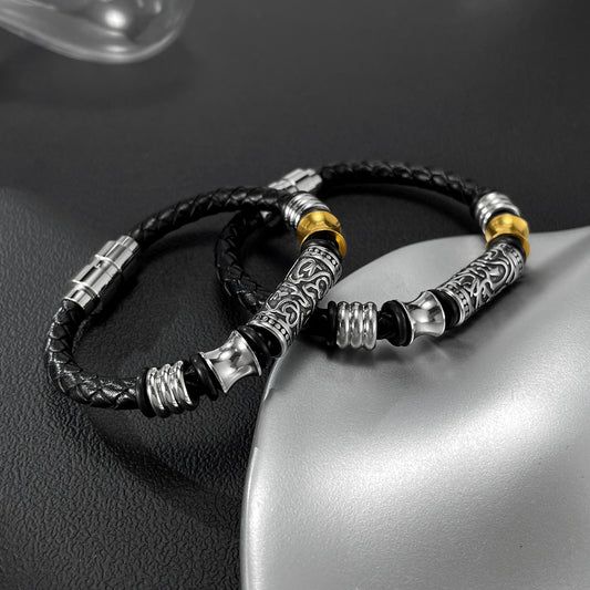 Rockyu ブレスレット メンズ 本革レザー×ステンレス コンビ バングル風デザイン