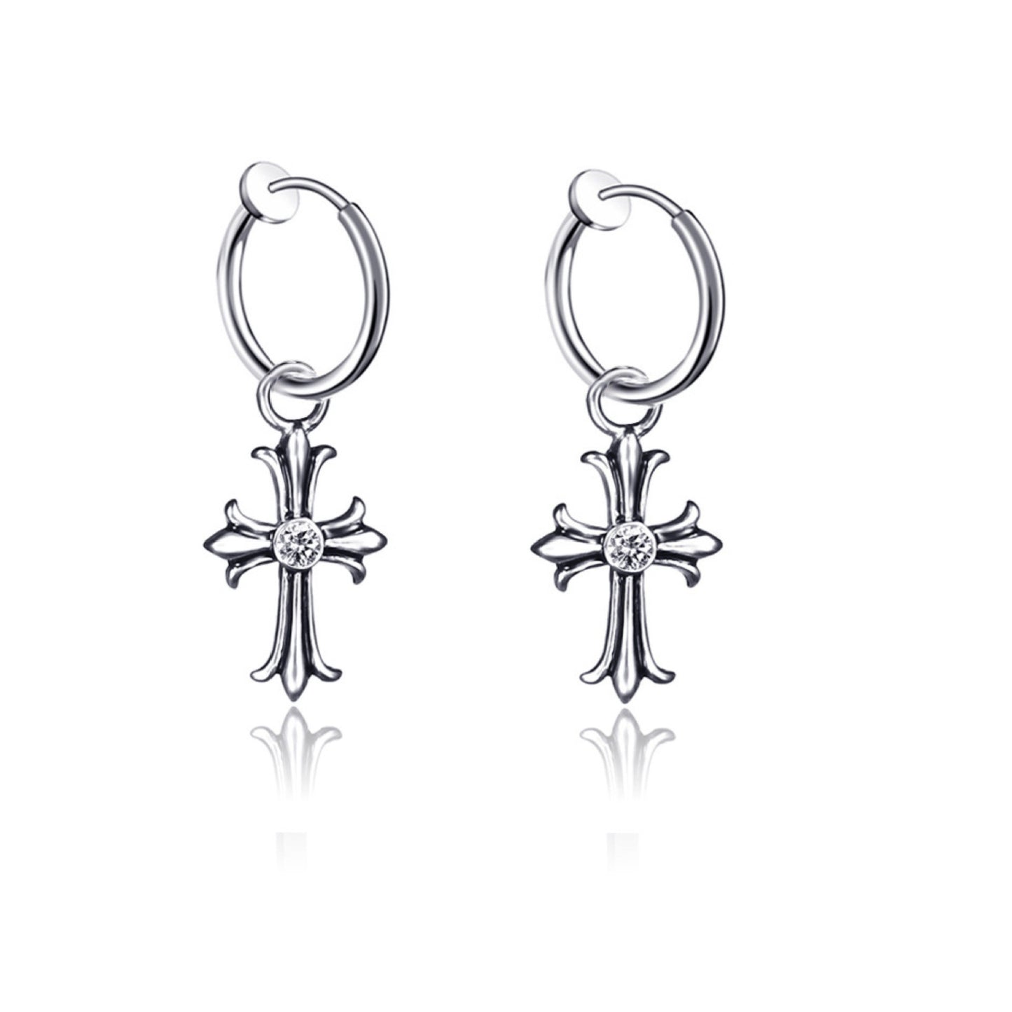 Rockyu ピアス メンズ レディース シルバー ジルコニア フープ クロスチタン 十字架 金属アレルギー対応 ヨーロッパ風